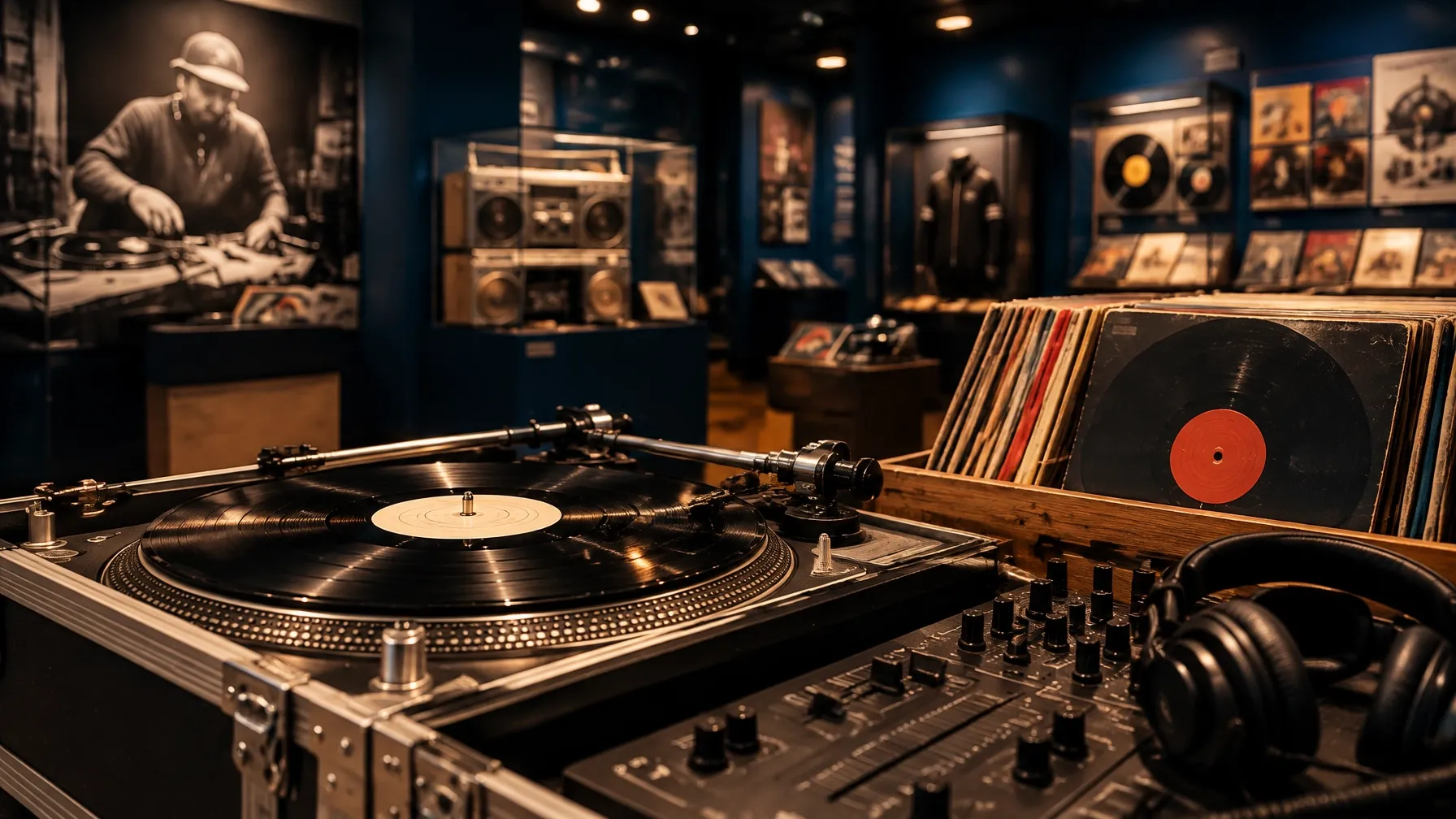 A vintage turntable and DJ controller displayed in the museum gallery
