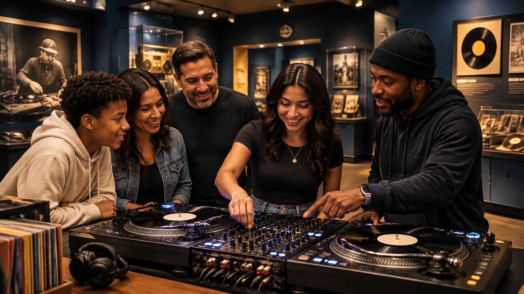 Visitors learning together at hands-on DJ equipment