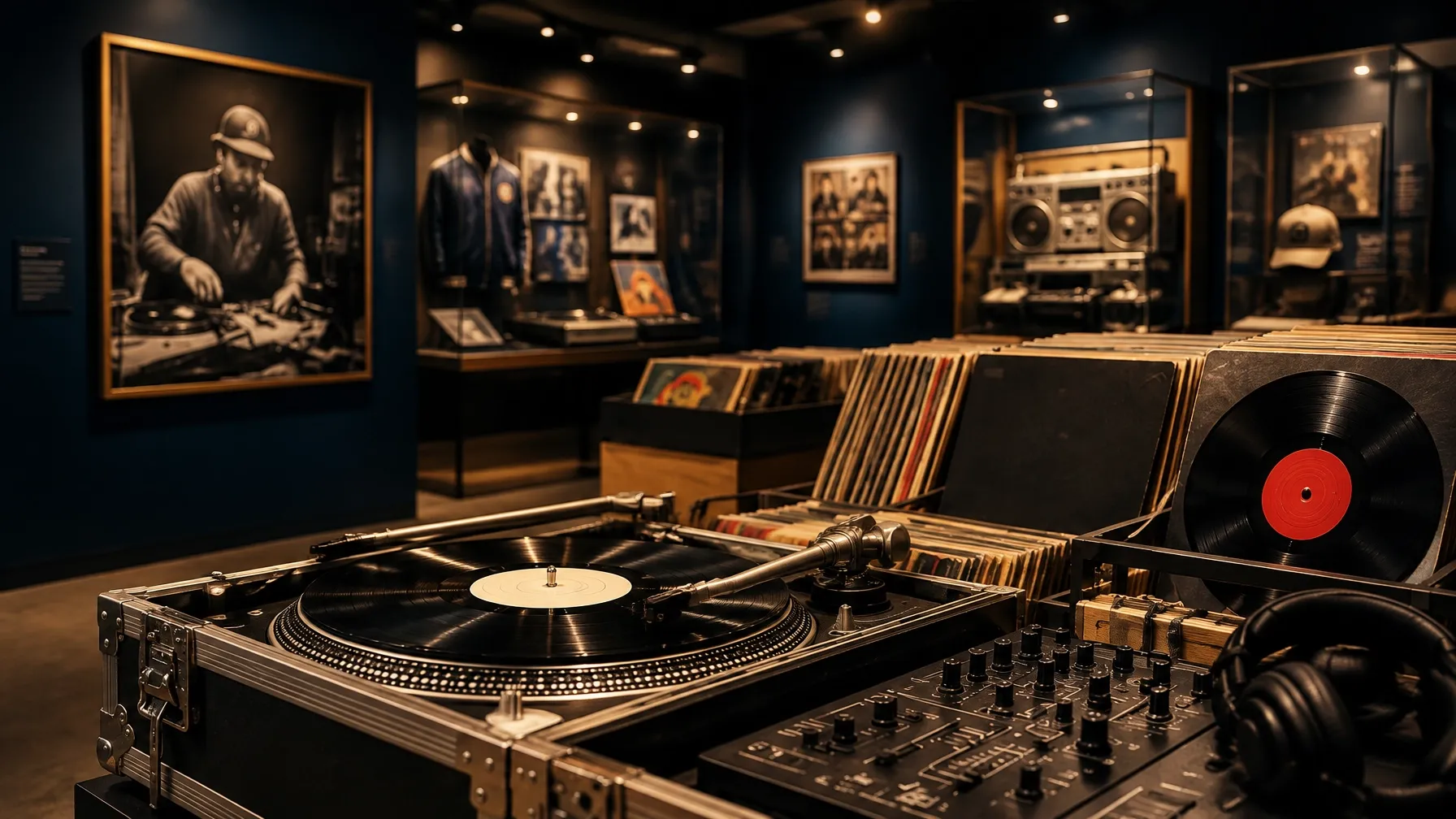 An atmospheric gallery of DJ history with a classic turntable and vinyl records